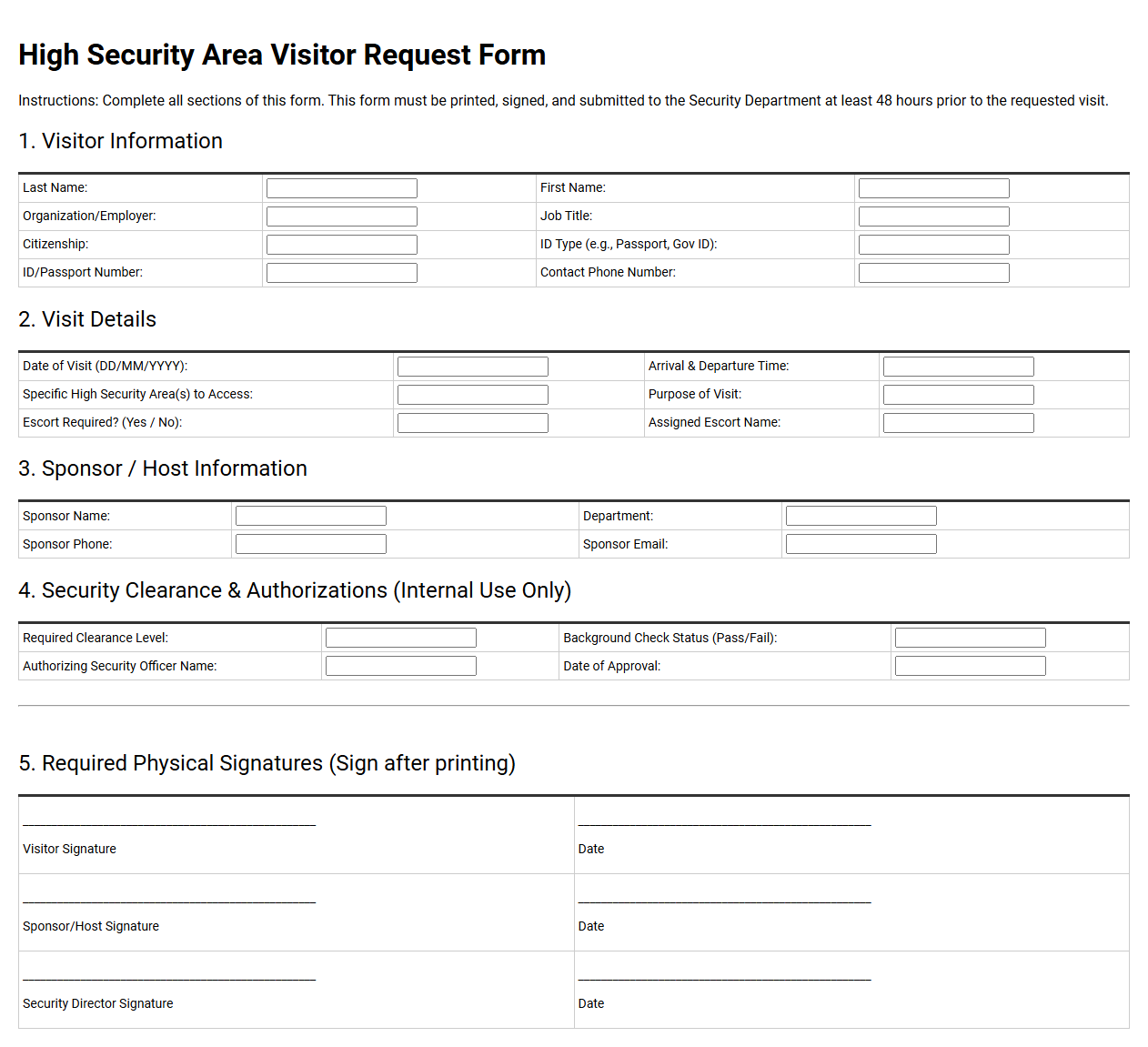 High Security Area Visitor Request Form