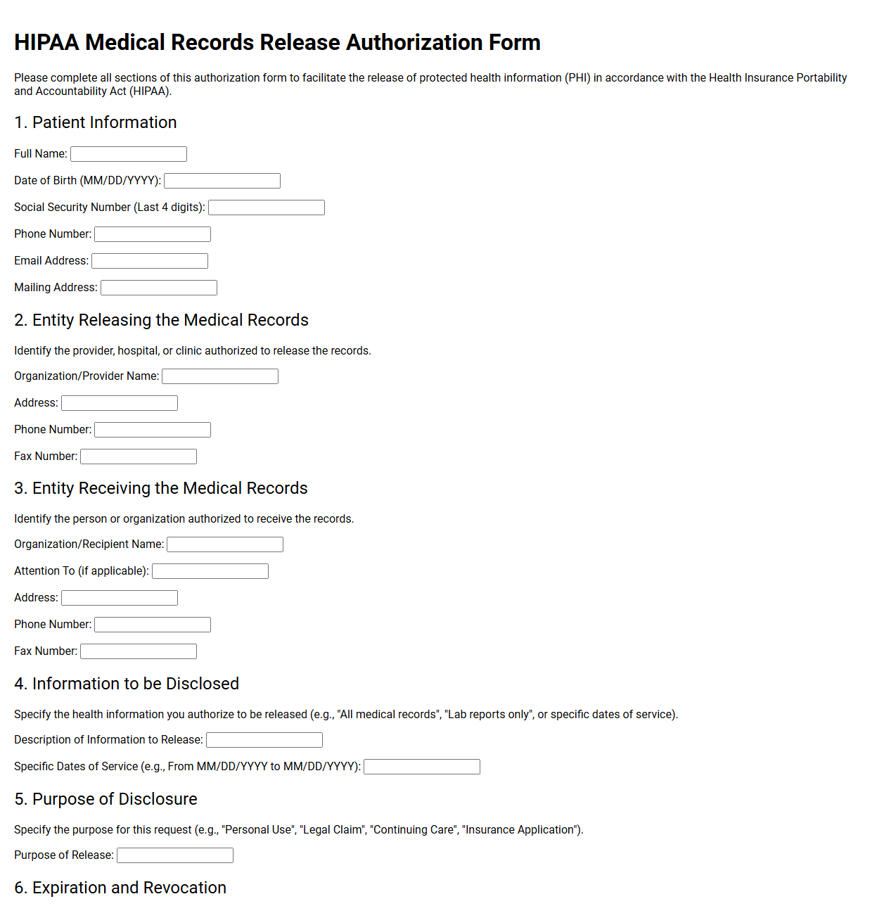 HIPAA Medical Records Release Authorization Form