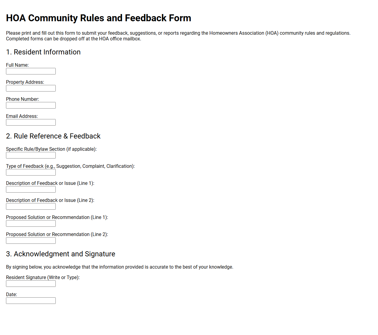 HOA Community Rules and Feedback Form