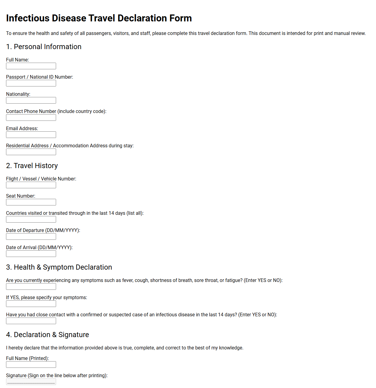 Infectious Disease Travel Declaration Template
