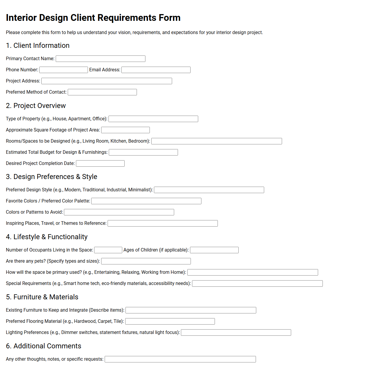 Interior Design Client Requirements Form