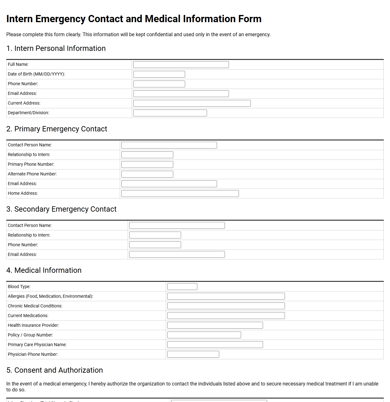 Intern Emergency Contact and Medical Information Form
