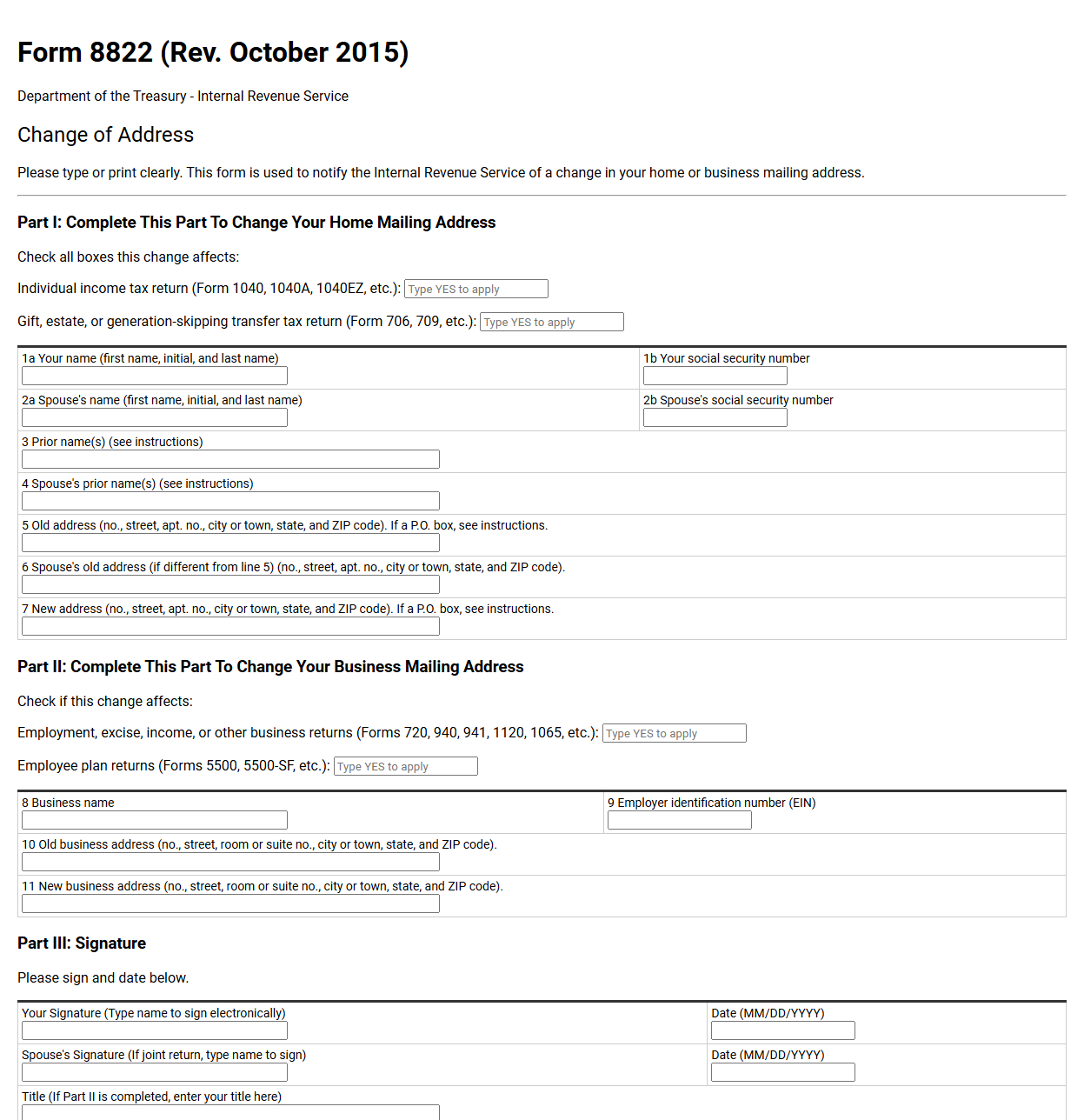 IRS Form 8822 Change of Address Template