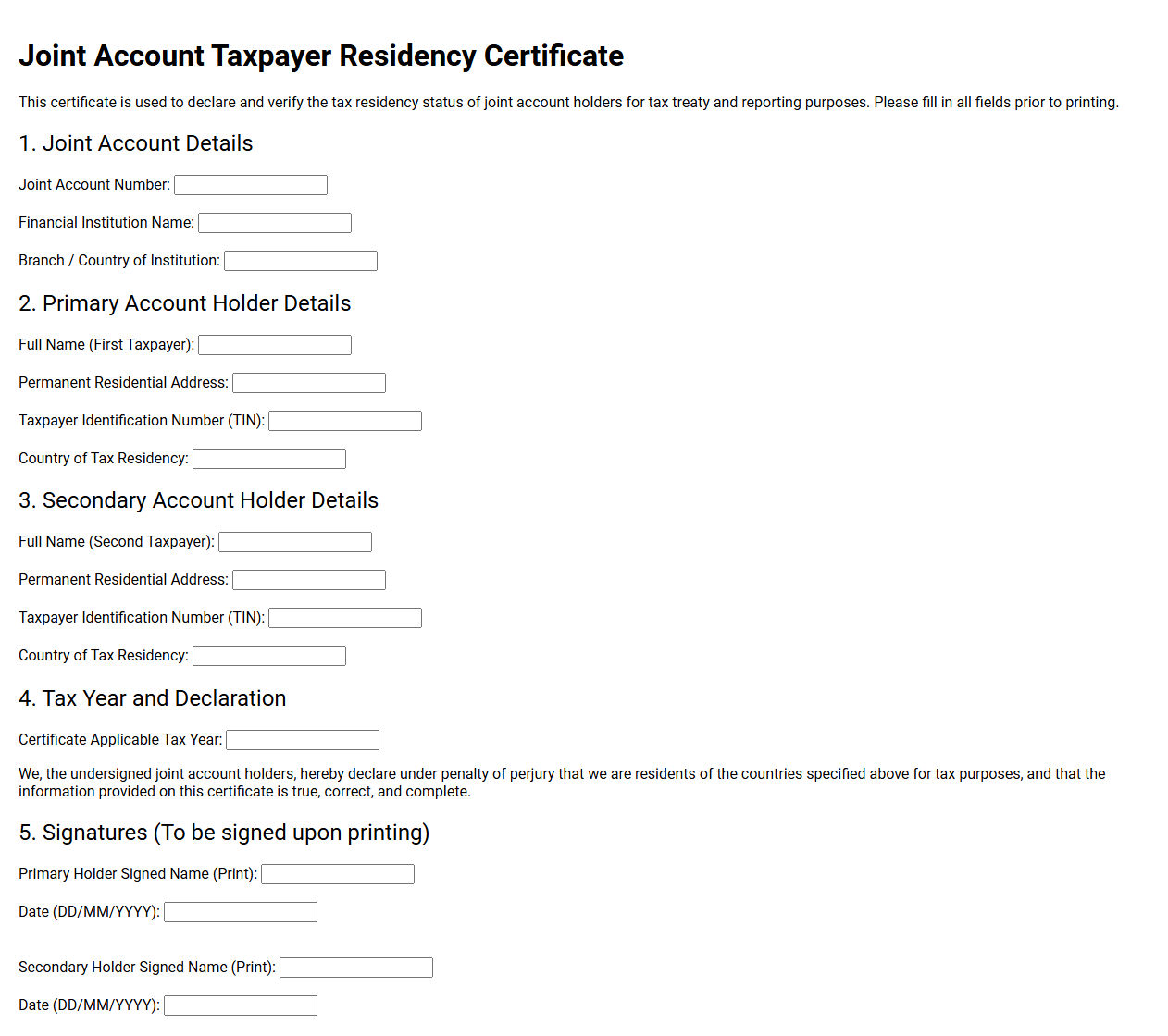 Joint Account Taxpayer Residency Certificate