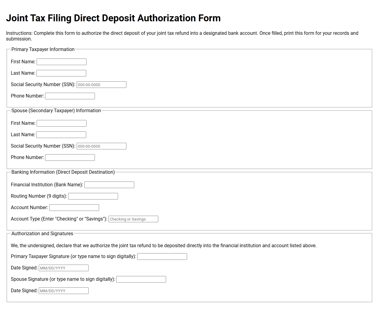 Joint Tax Filing Direct Deposit Authorization Form