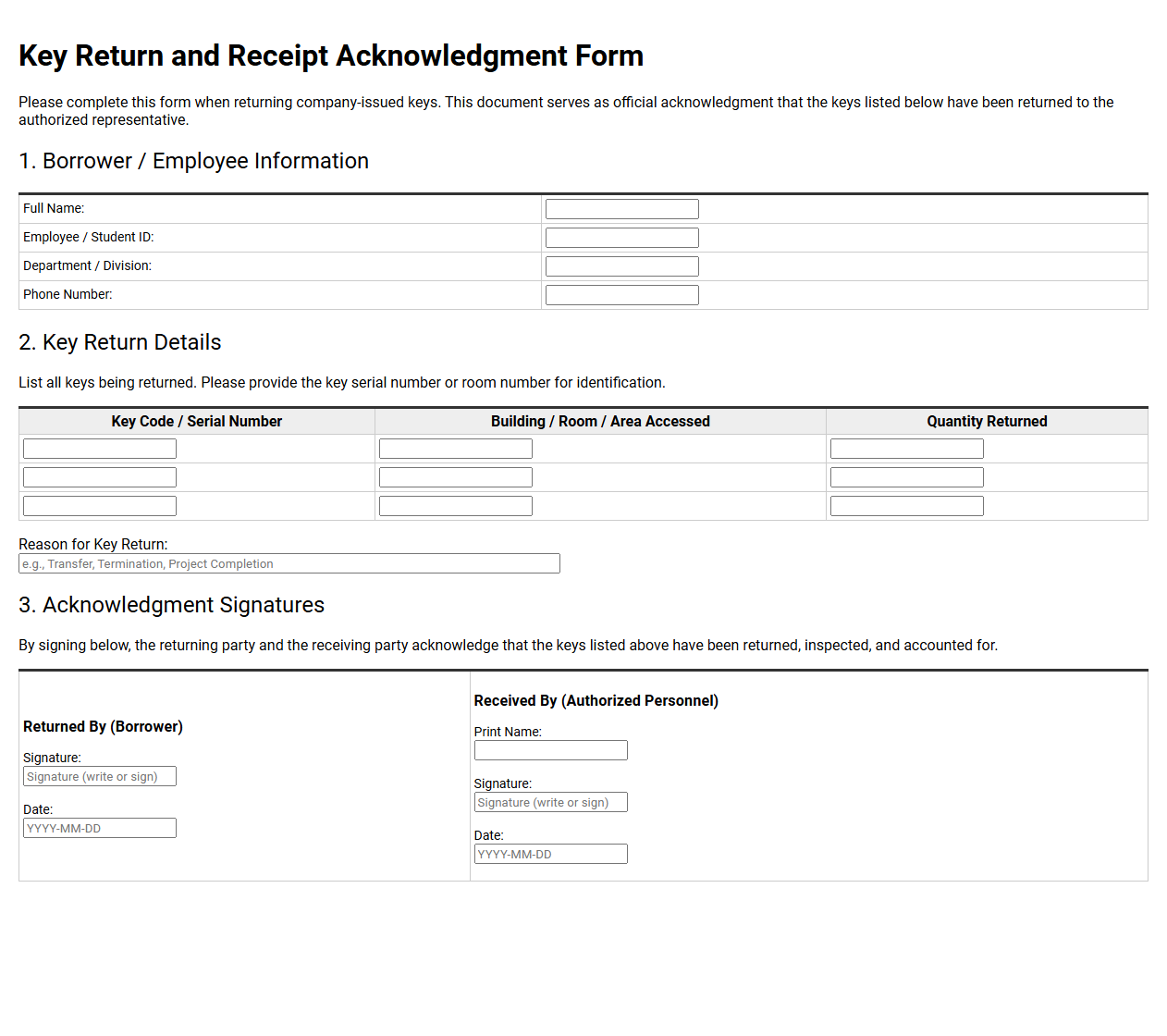 Key Return and Receipt Acknowledgment Form