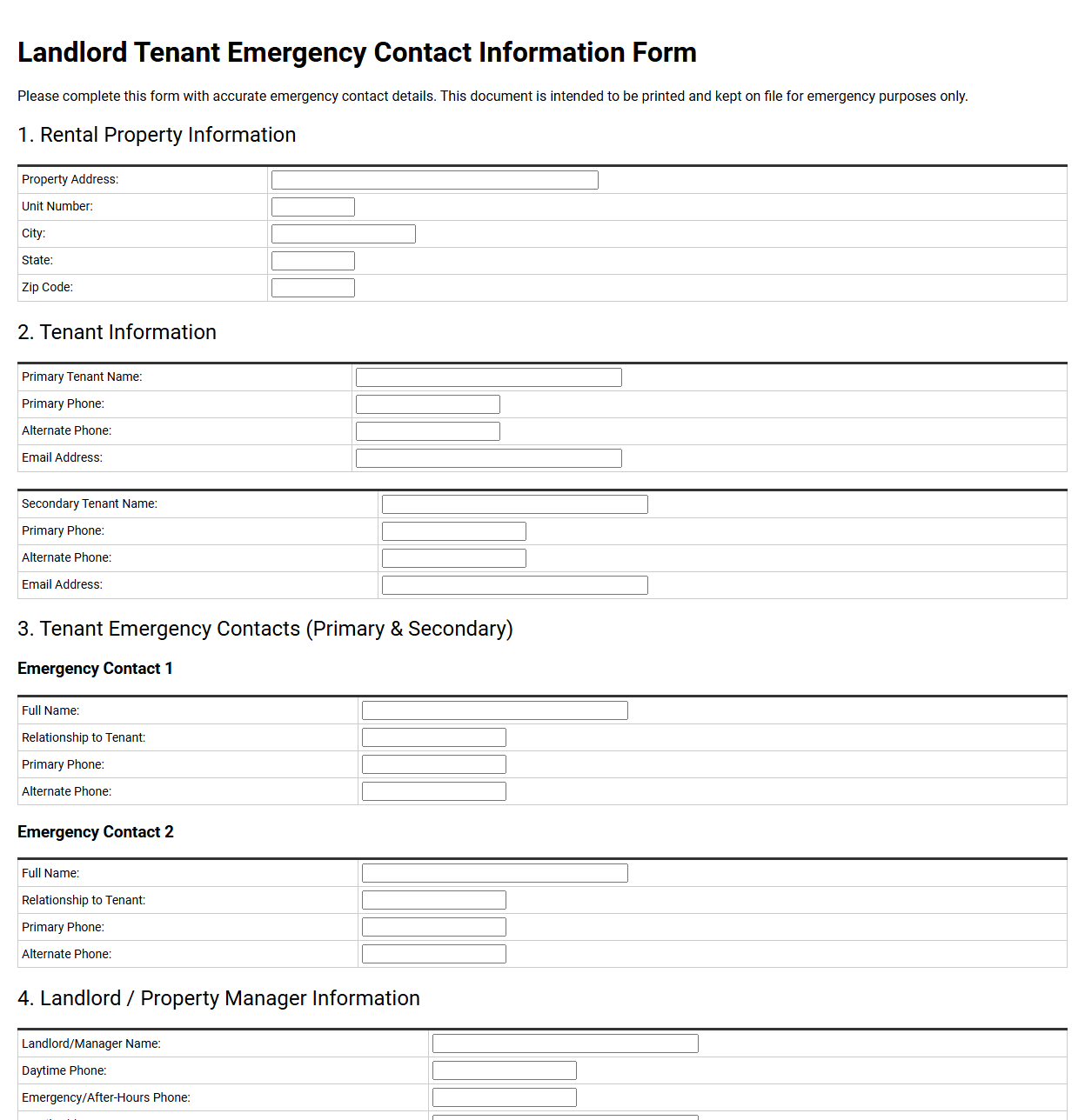 Landlord Tenant Emergency Contact Information Form