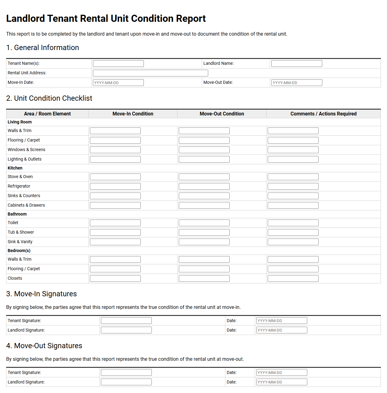 Landlord Tenant Rental Unit Condition Report