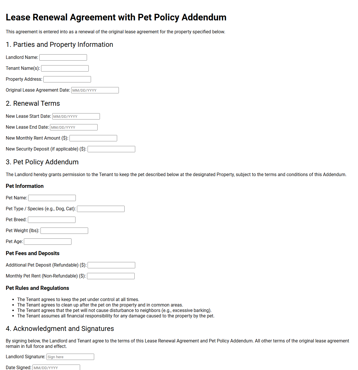 Lease Renewal Agreement with Pet Policy Addendum