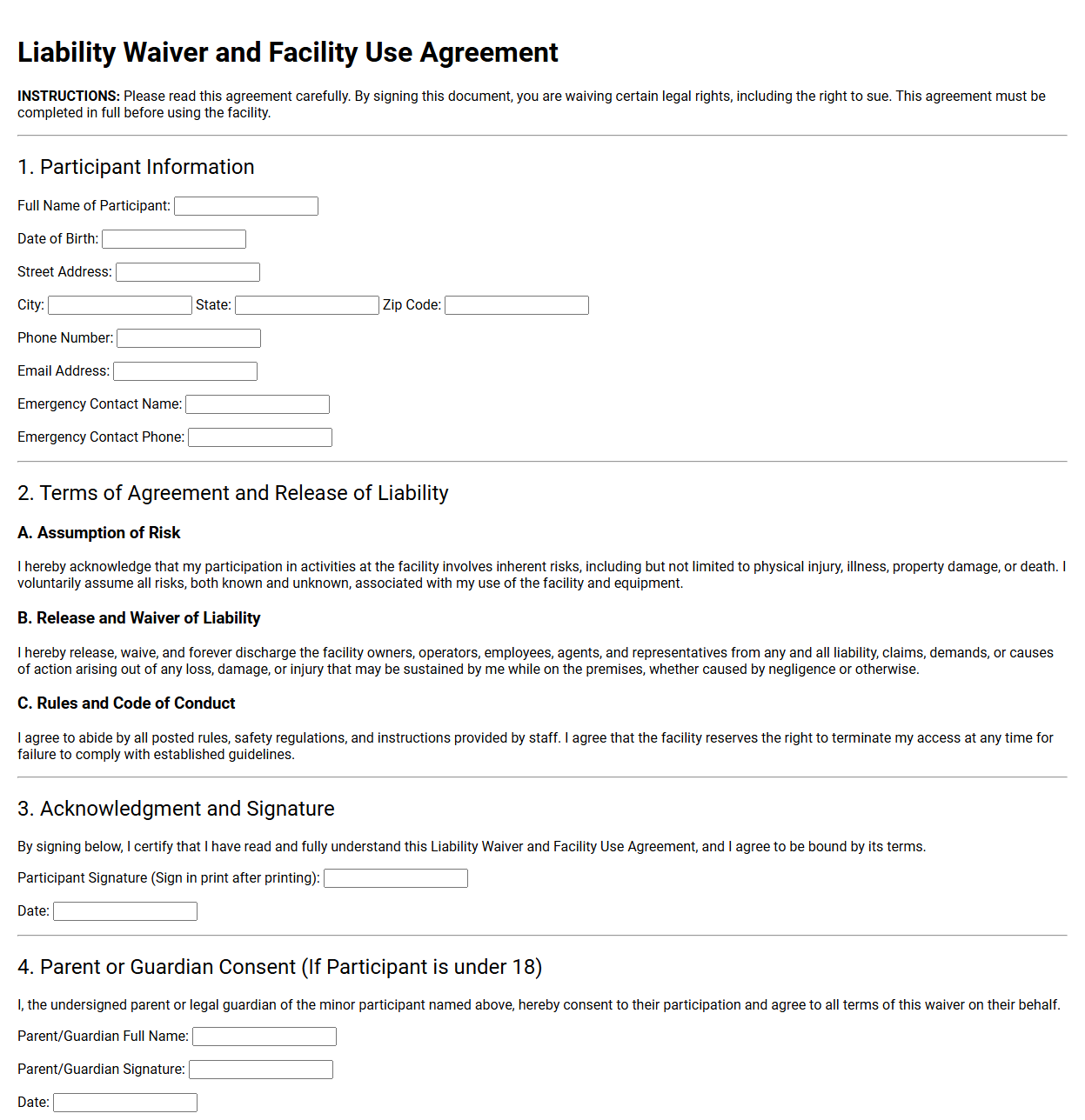 Liability Waiver and Facility Use Agreement