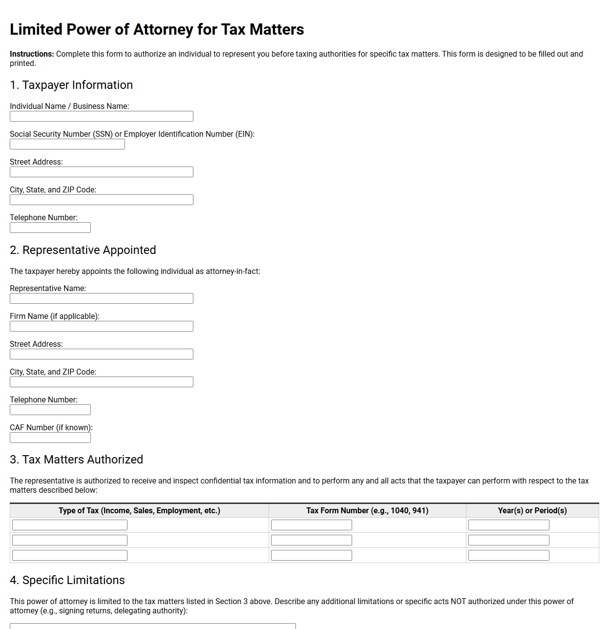 Limited Power of Attorney for Tax Matters