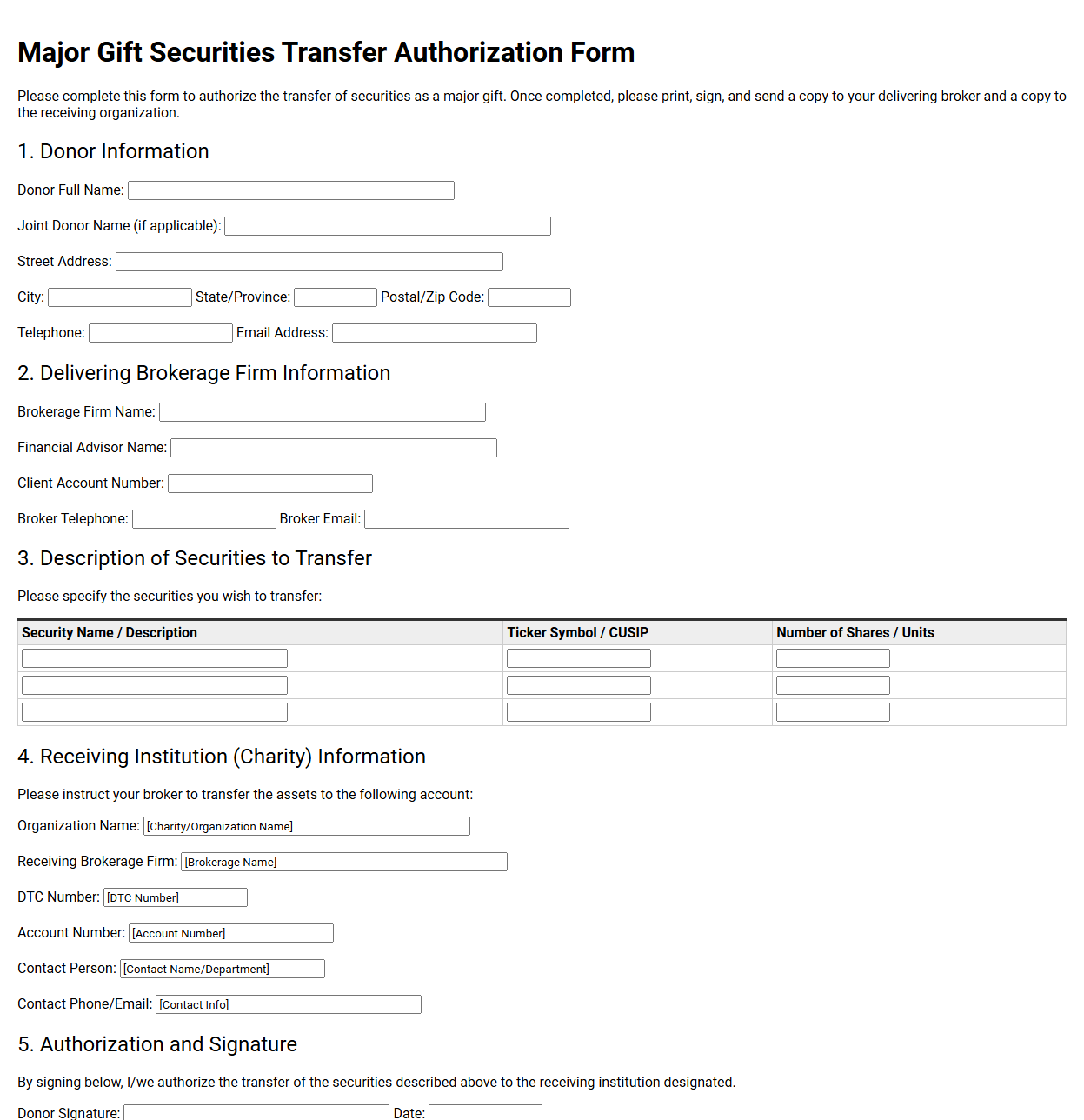 Major Gift Securities Transfer Authorization Form