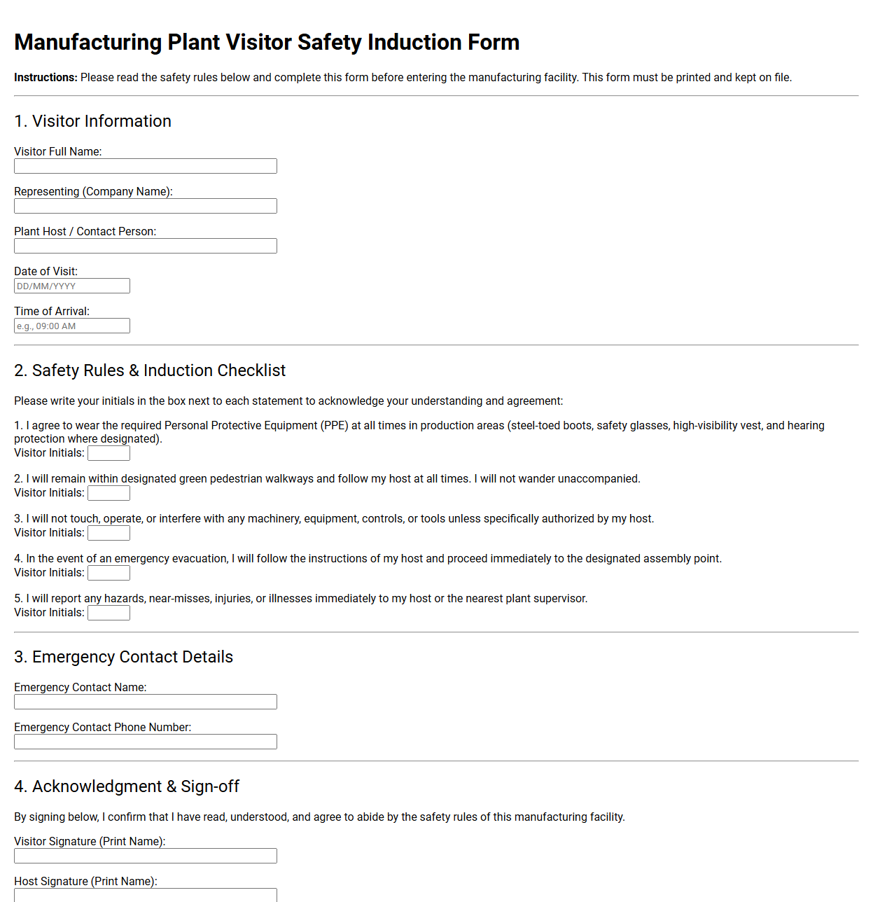 Manufacturing Plant Visitor Safety Induction Form