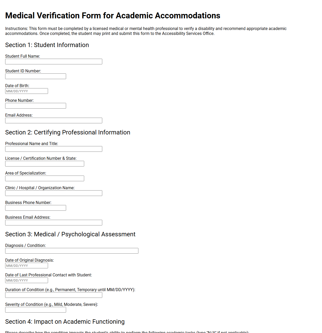Medical Verification Form for Academic Accommodations