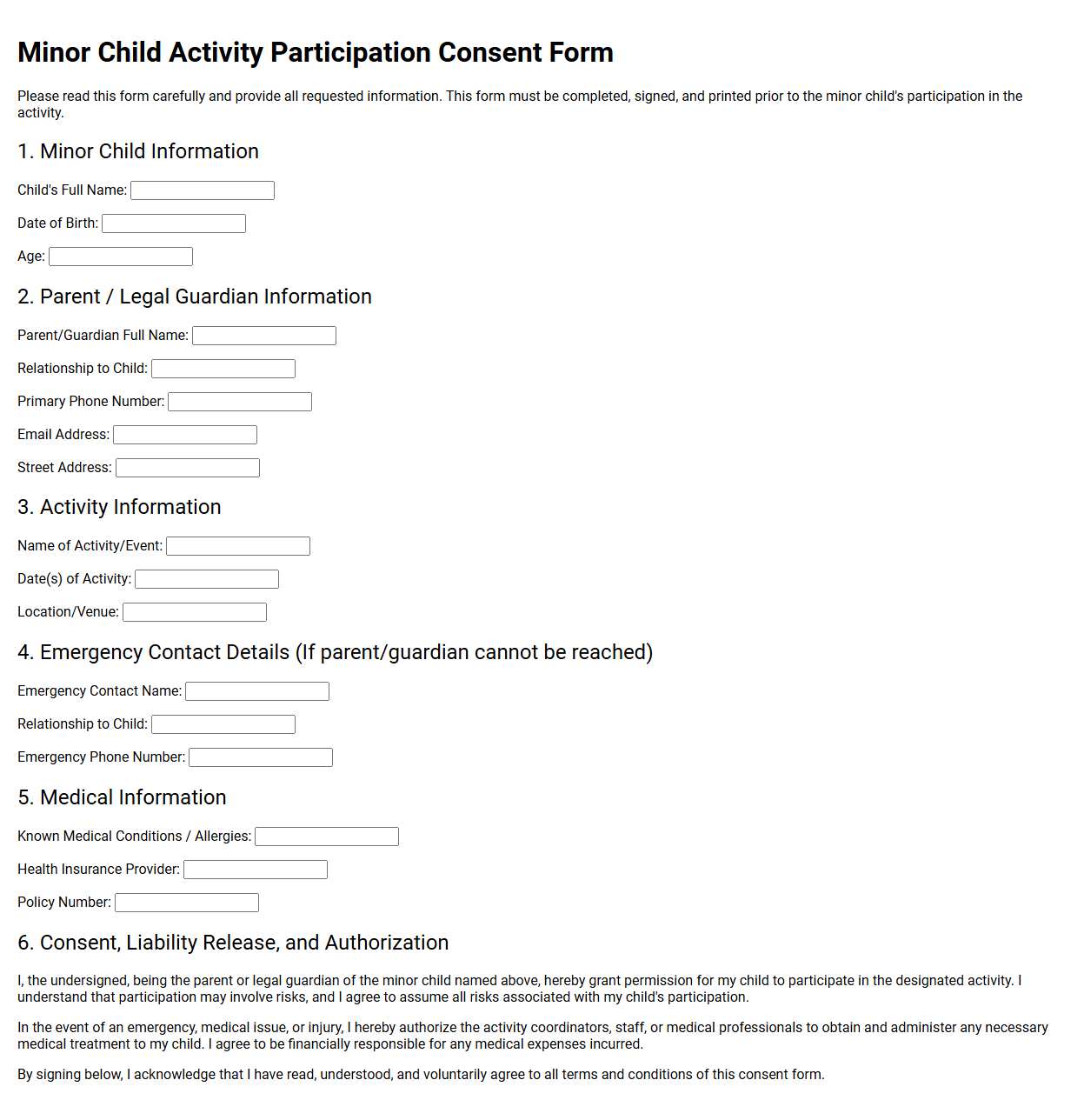 Minor Child Activity Participation Consent Form