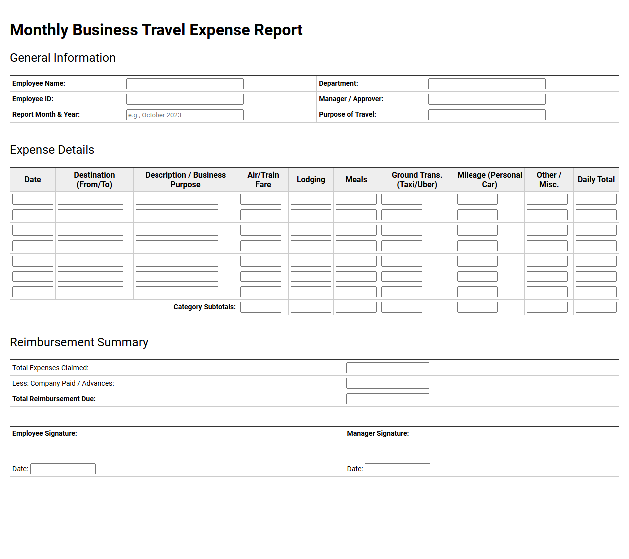 Monthly Business Travel Expense Report