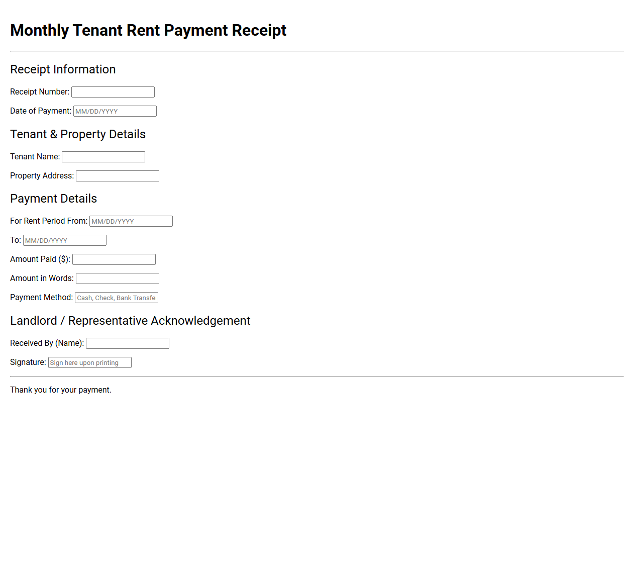 Monthly Tenant Rent Payment Receipt