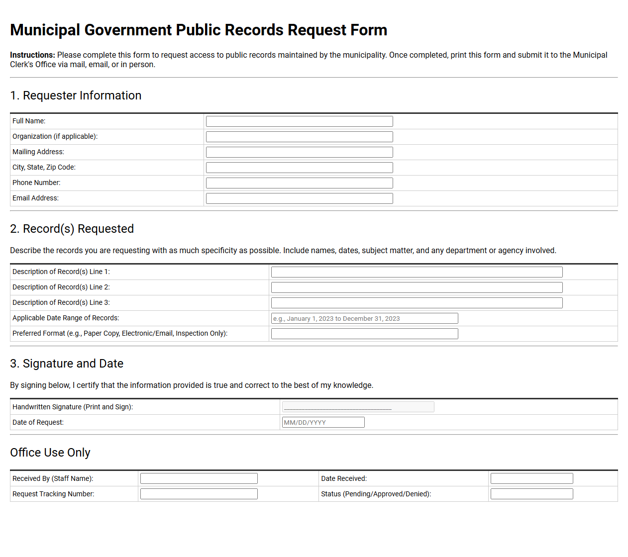 Municipal Government Public Records Request Form