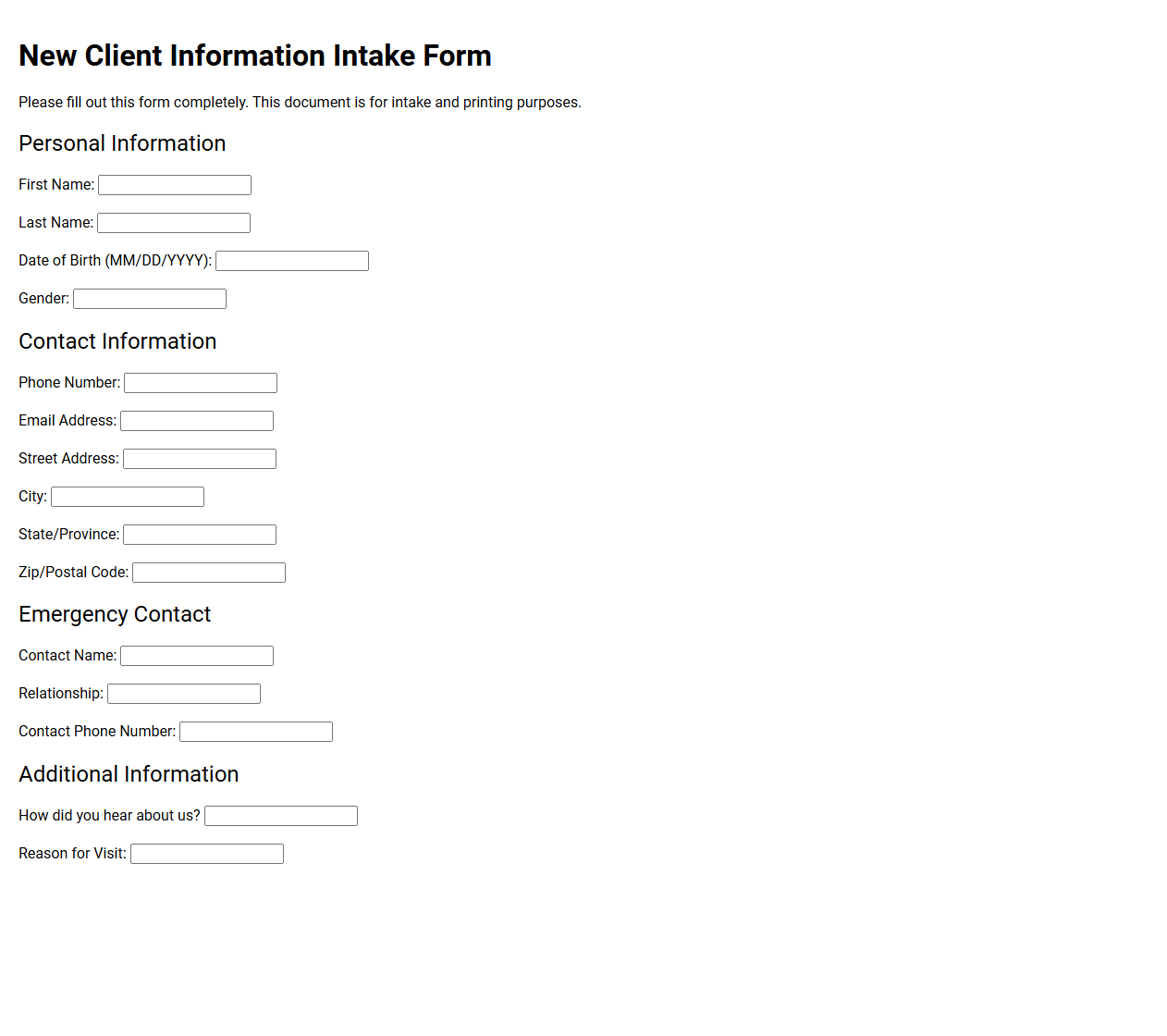 New Client Information Intake Form