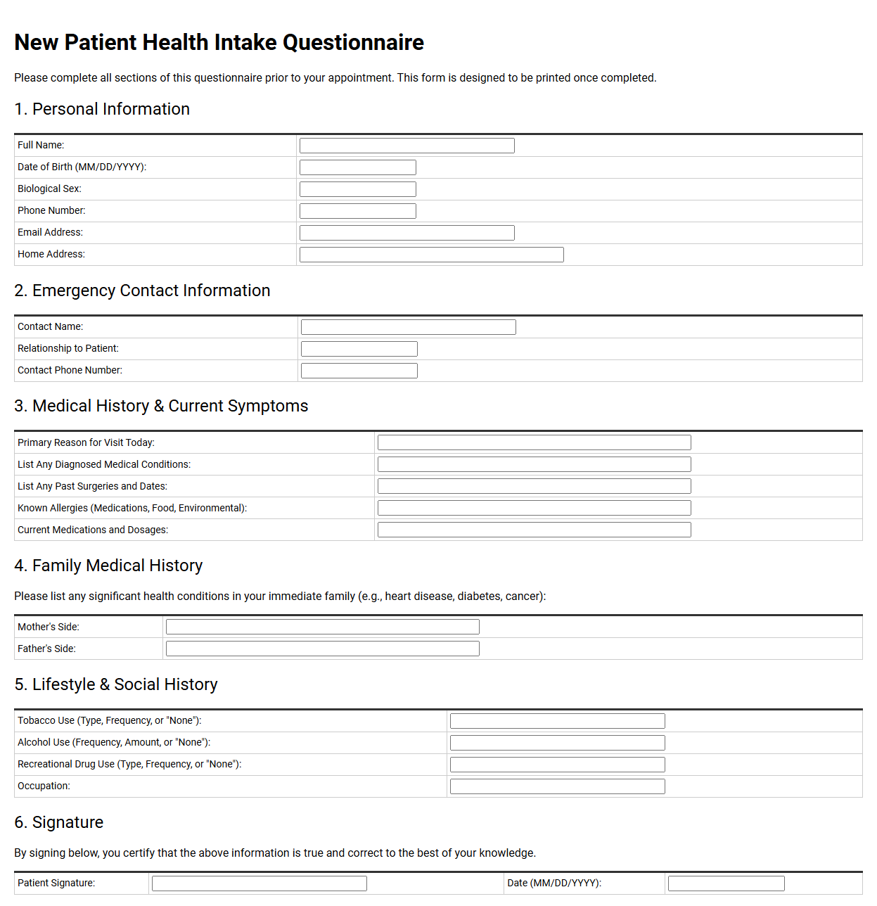 New Patient Health Intake Questionnaire