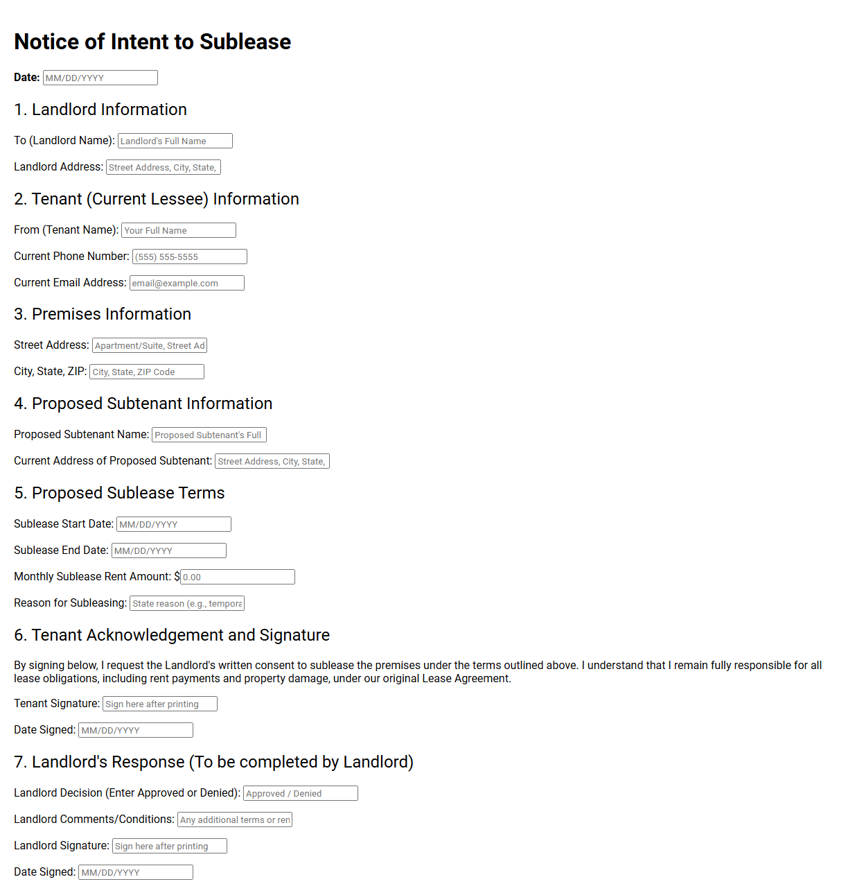 Notice of Intent to Sublease Template