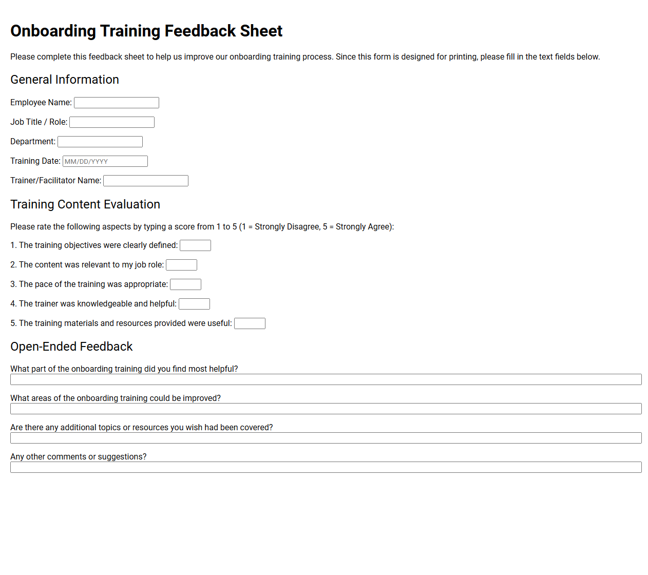 Onboarding Training Feedback Sheet