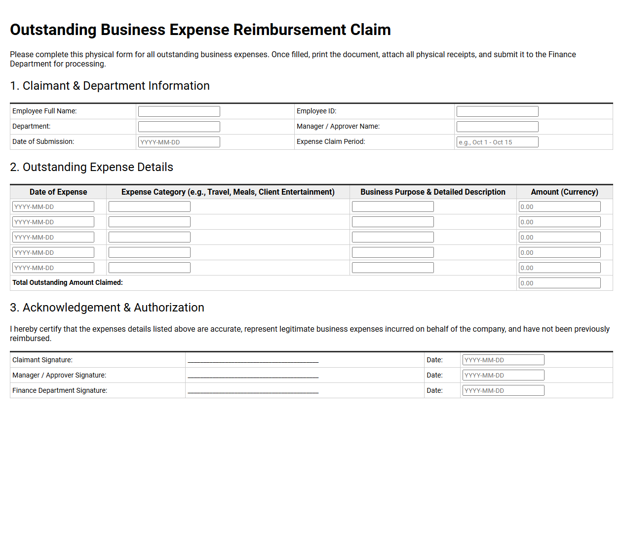 Outstanding Business Expense Reimbursement Claim