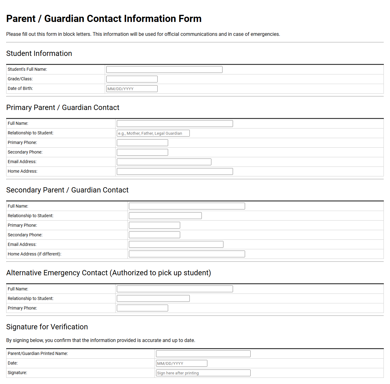 Parent Guardian Contact Information Form