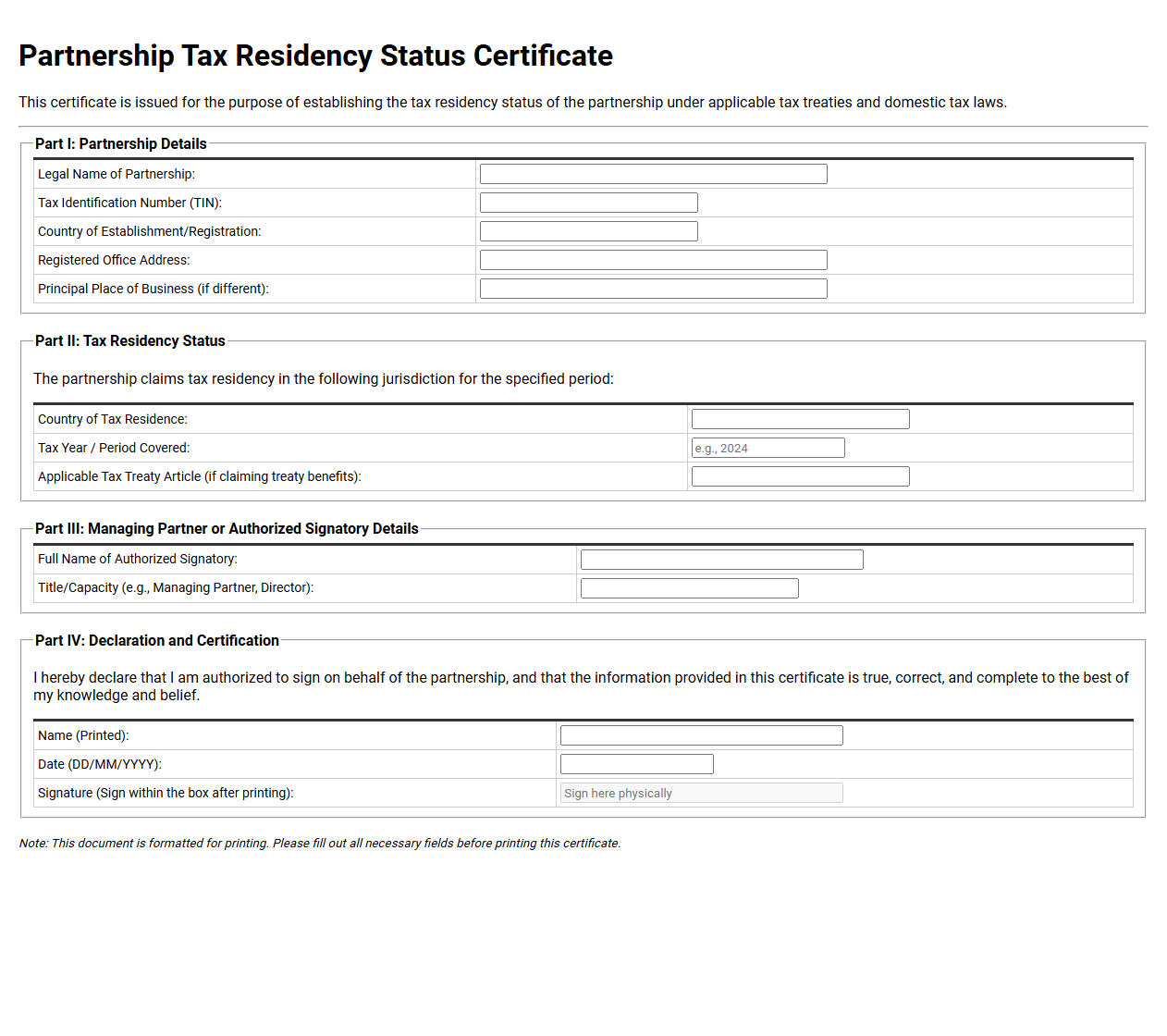 Partnership Tax Residency Status Certificate