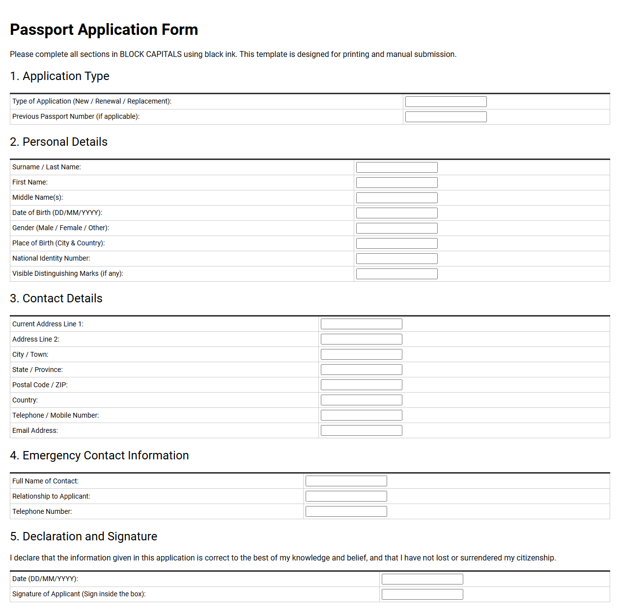 Passport Application Form Template