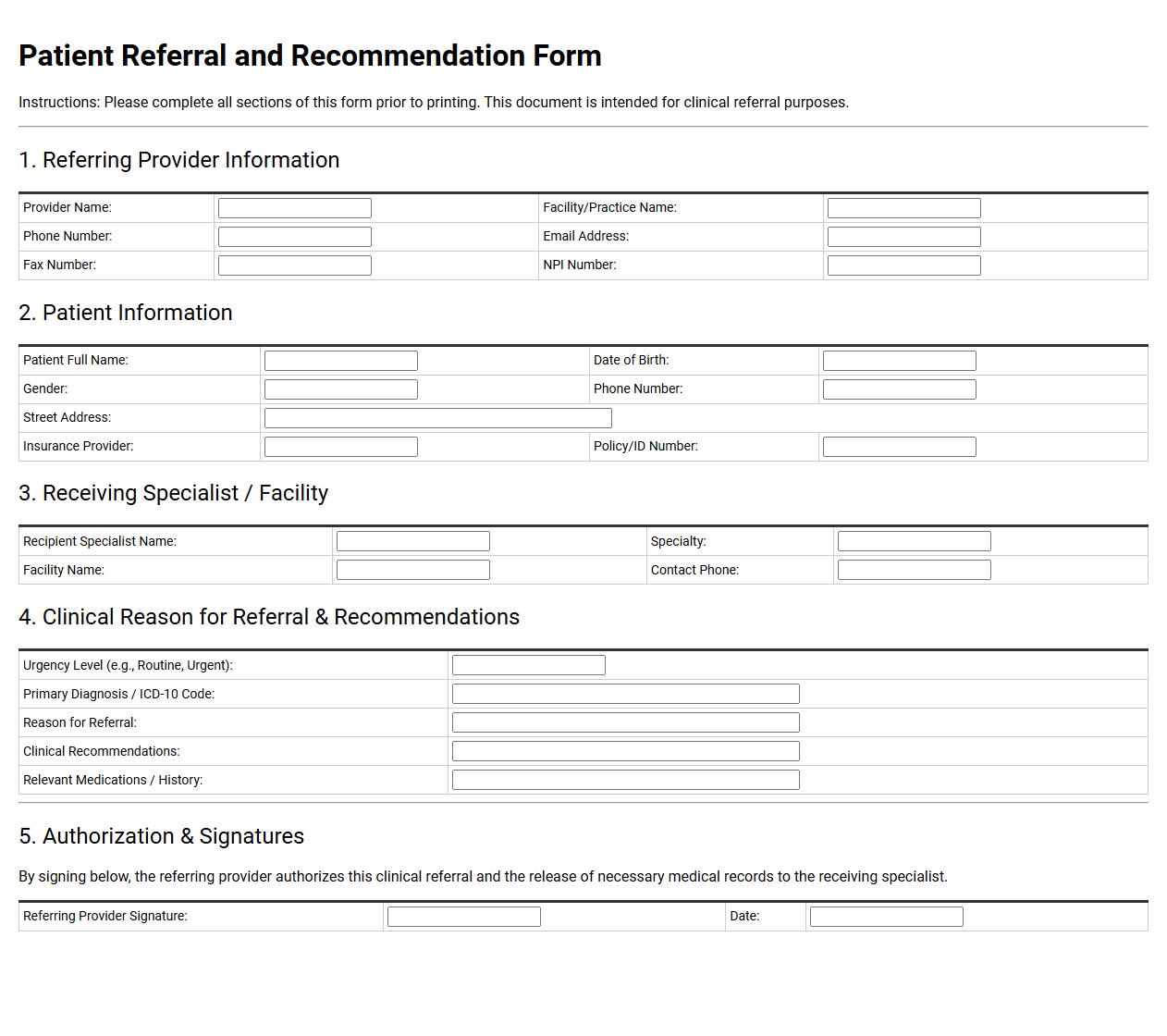 Patient Referral and Recommendation Form