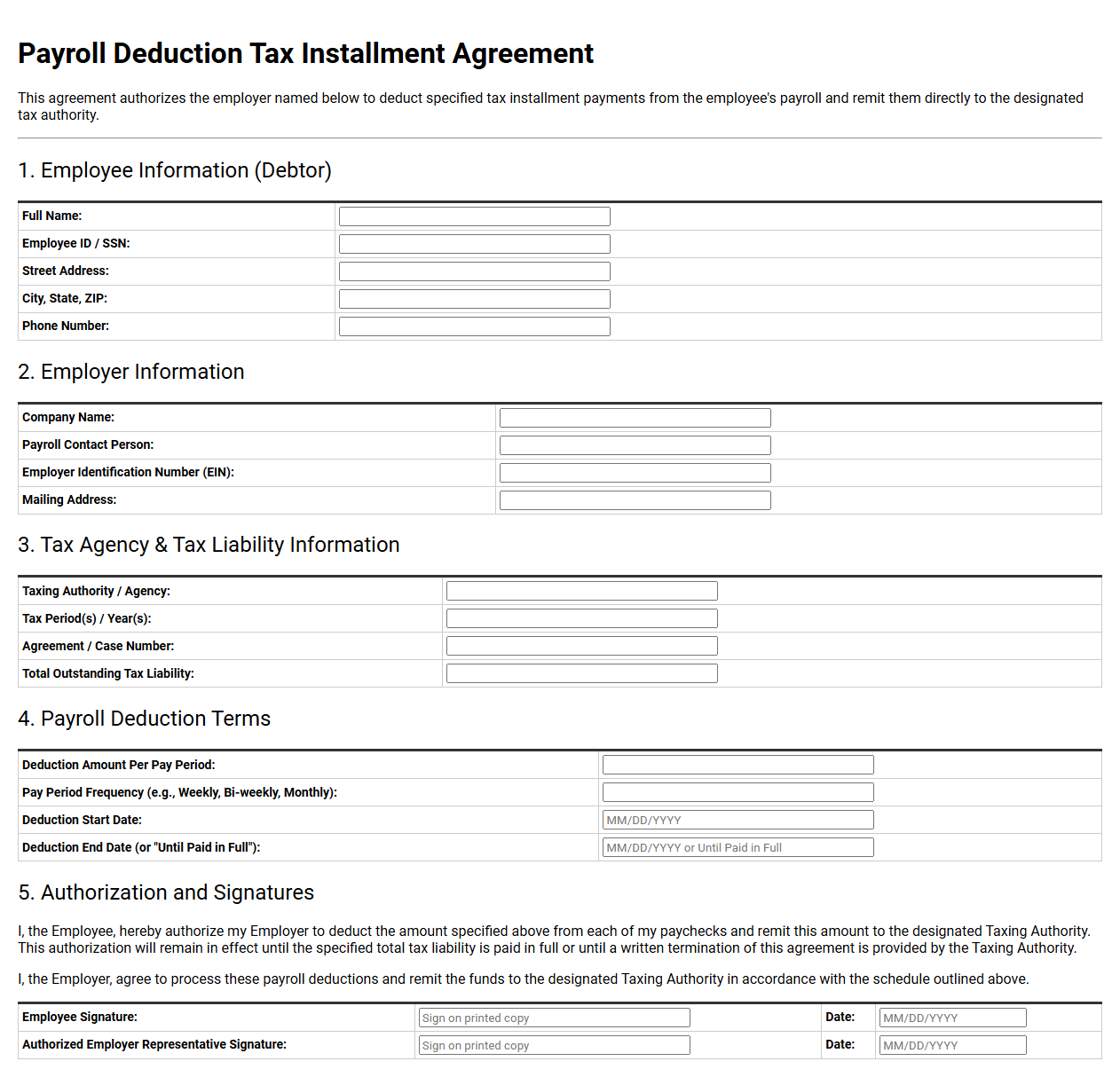 Payroll Deduction Tax Installment Agreement Template