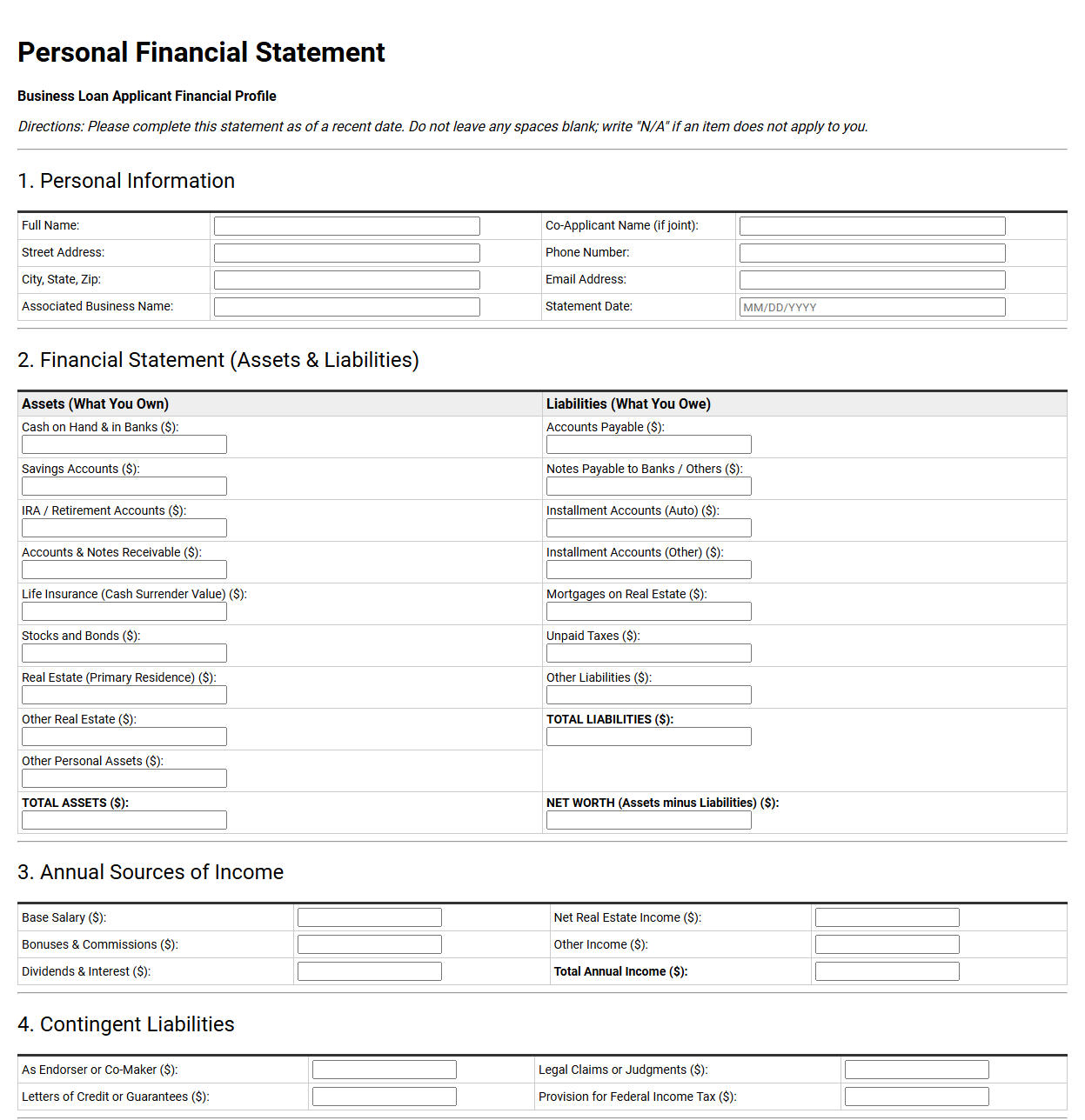 Personal Financial Statement for Business Loan Applicants