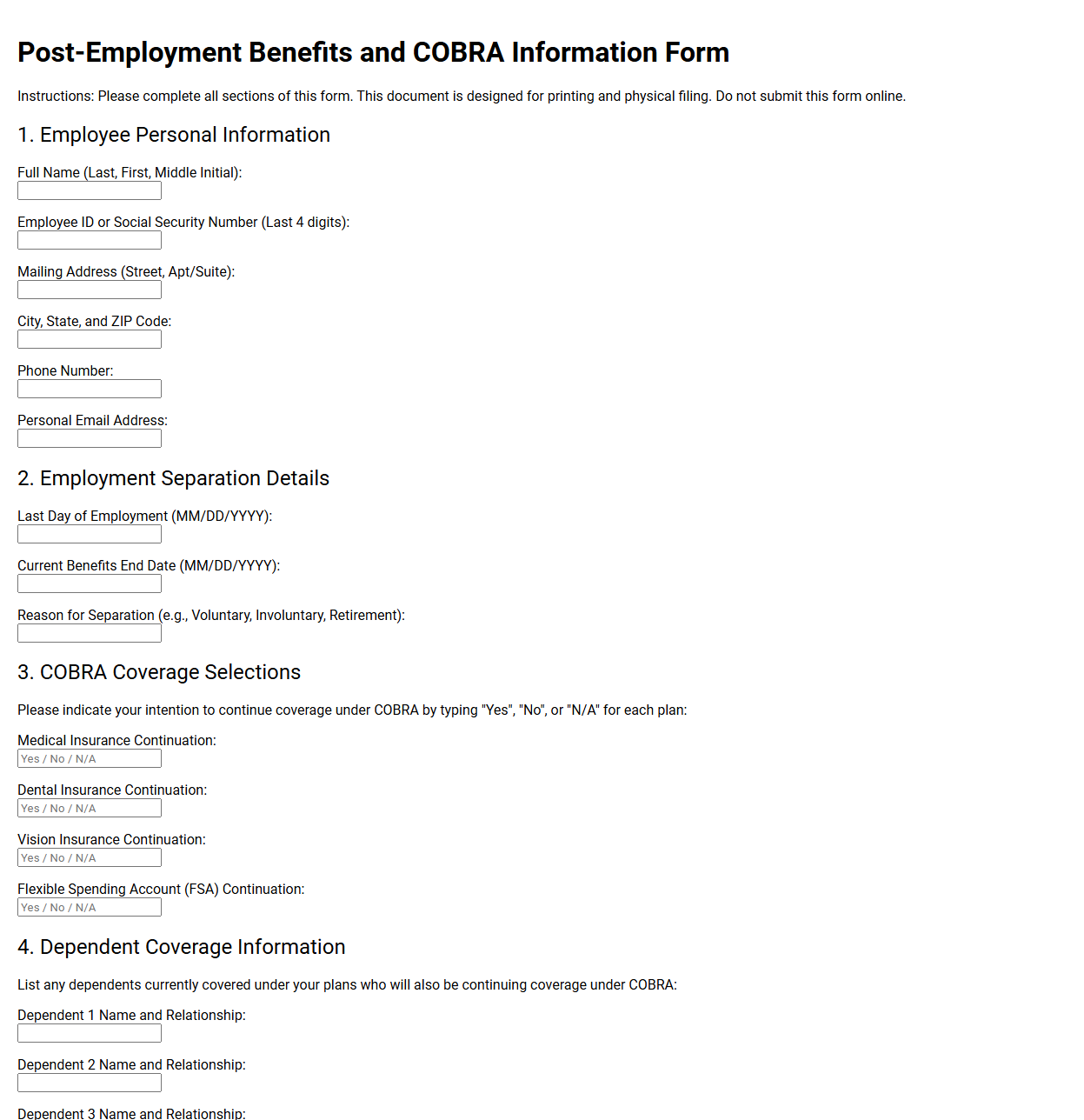 Post-Employment Benefits and COBRA Information Form