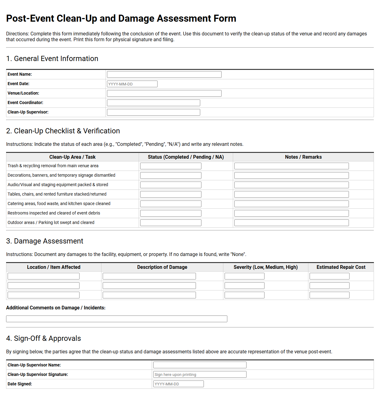 Post-Event Clean-Up and Damage Assessment Form