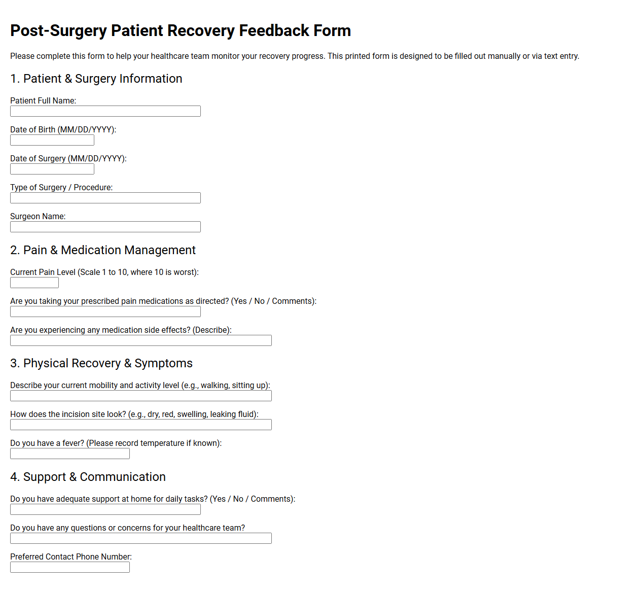 Post-Surgery Patient Recovery Feedback Form