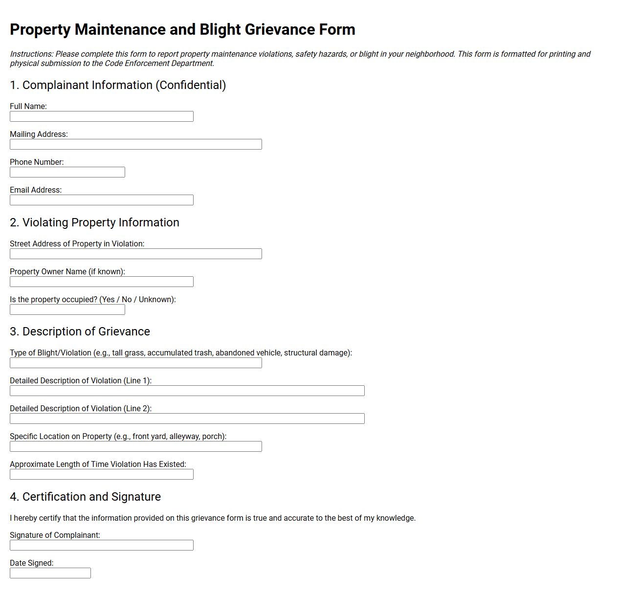 Property Maintenance and Blight Grievance Form