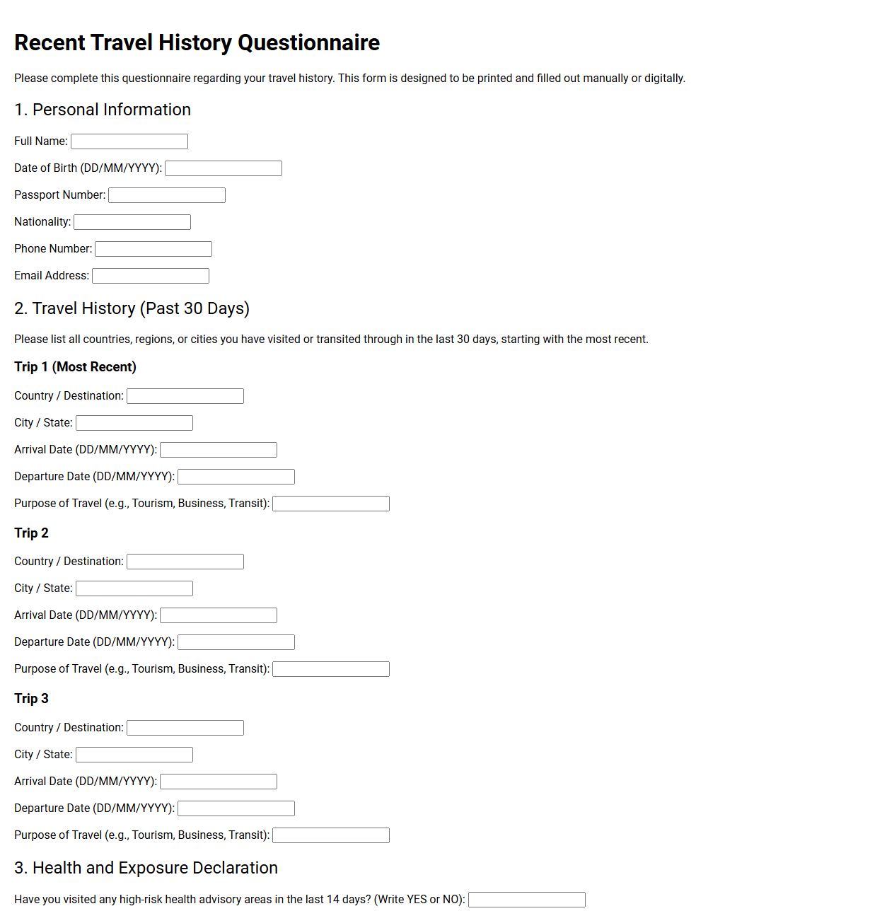 Recent Travel History Questionnaire
