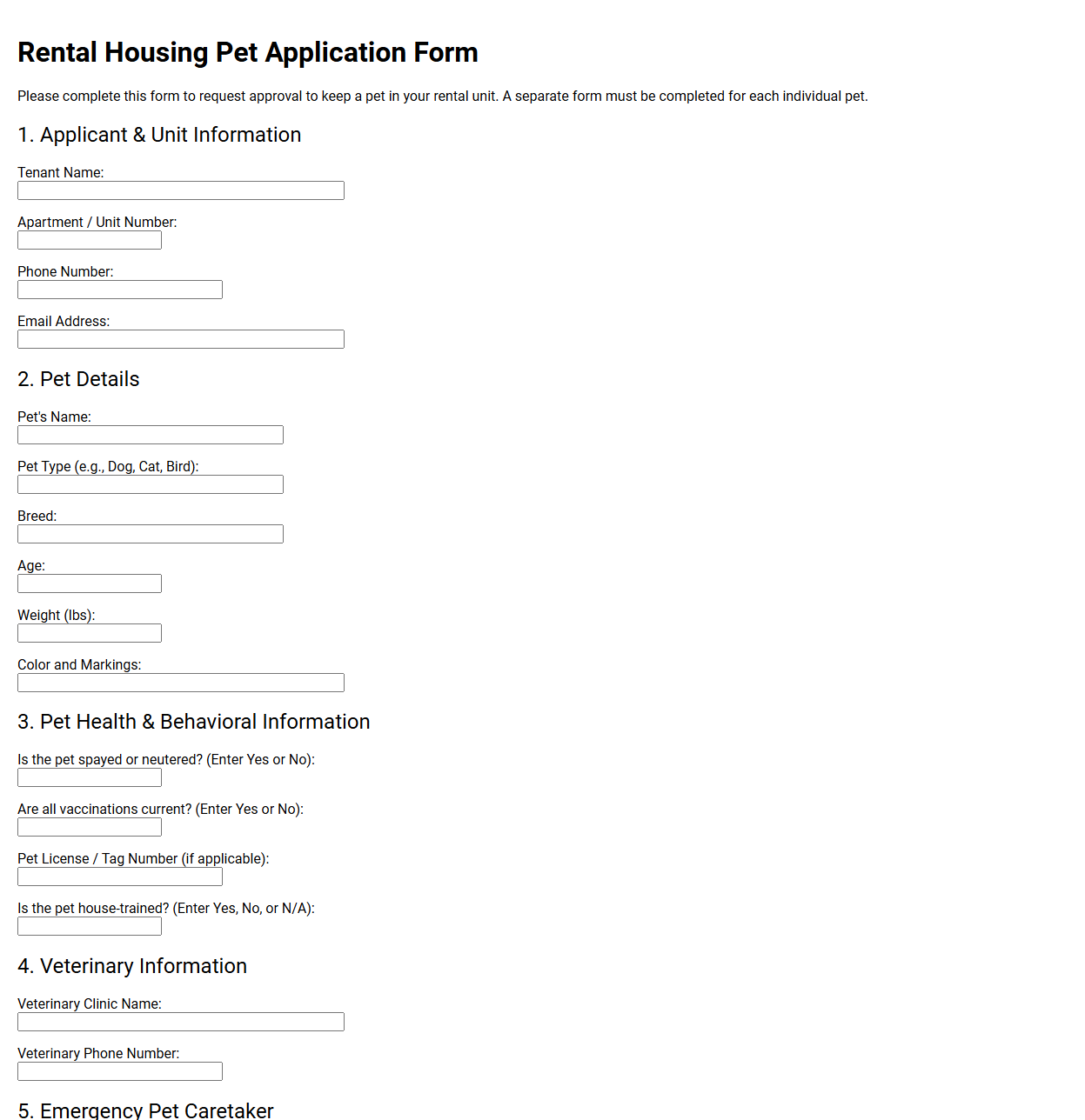 Rental Housing Pet Application Form