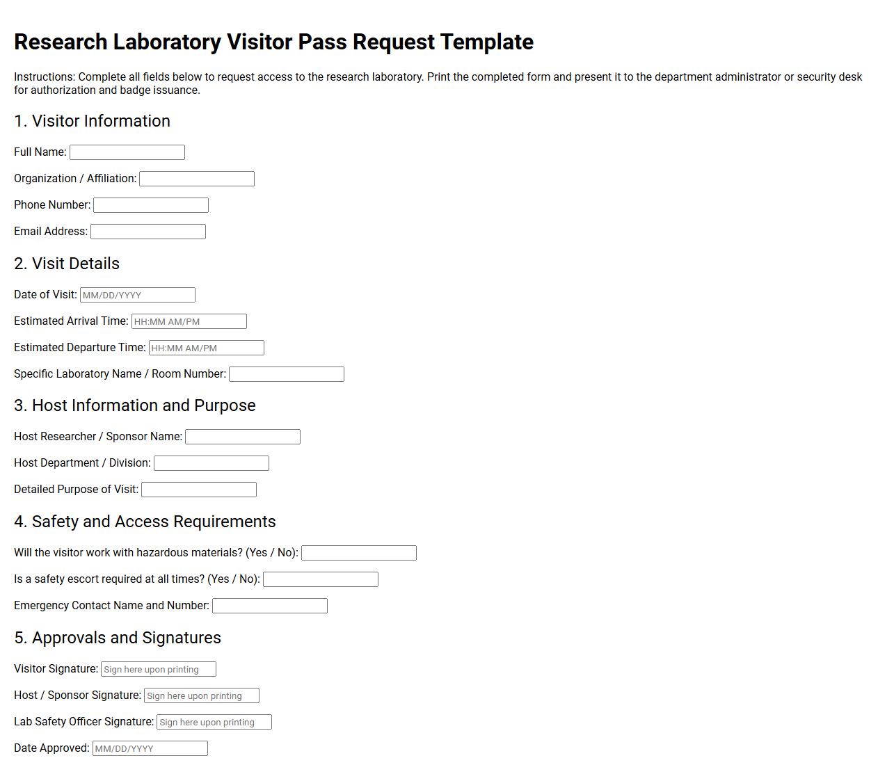Research Laboratory Visitor Pass Request Template