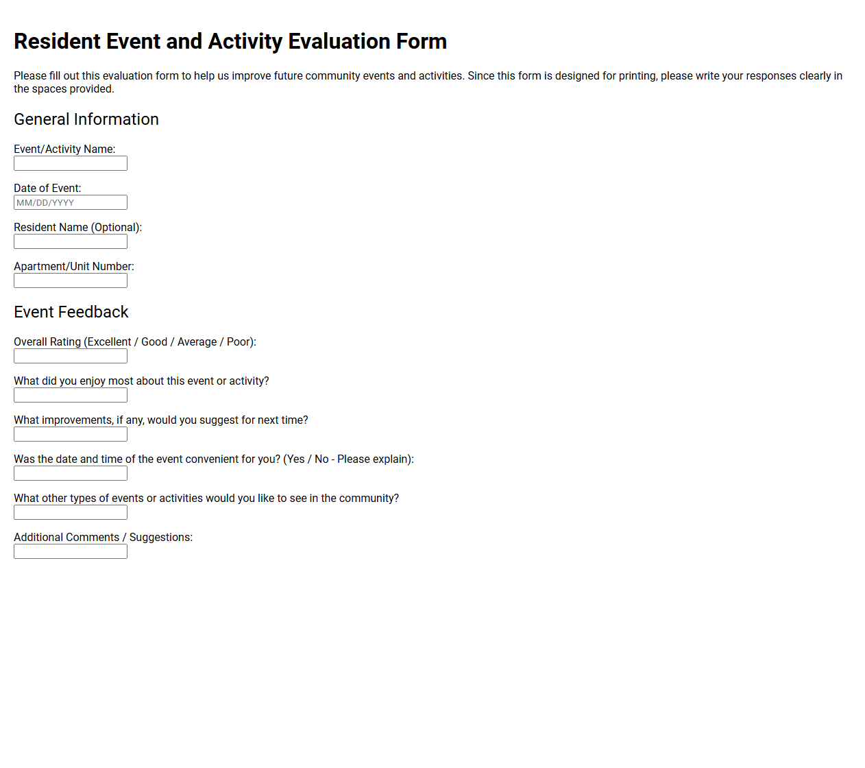 Resident Event and Activity Evaluation Form