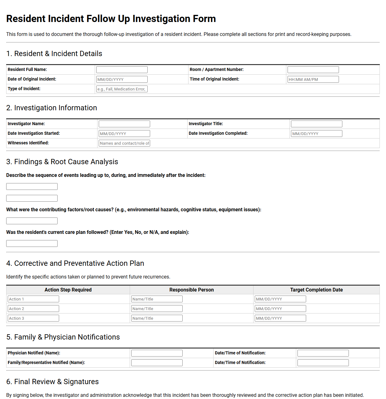 Resident Incident Follow Up Investigation Form