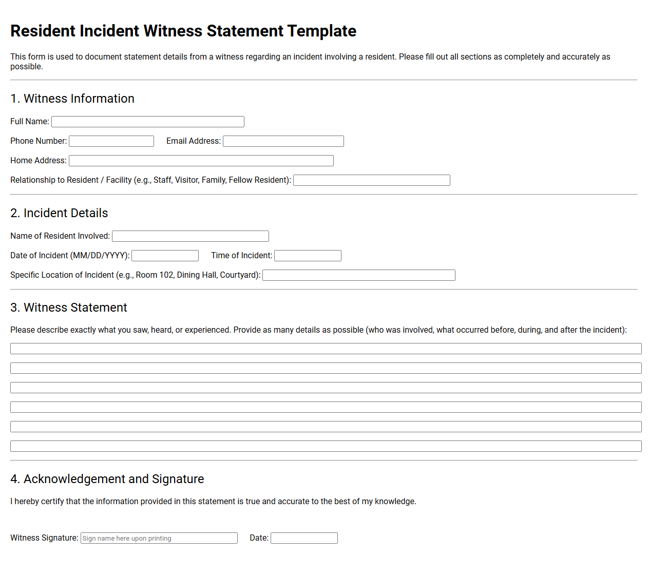 Resident Incident Witness Statement Template