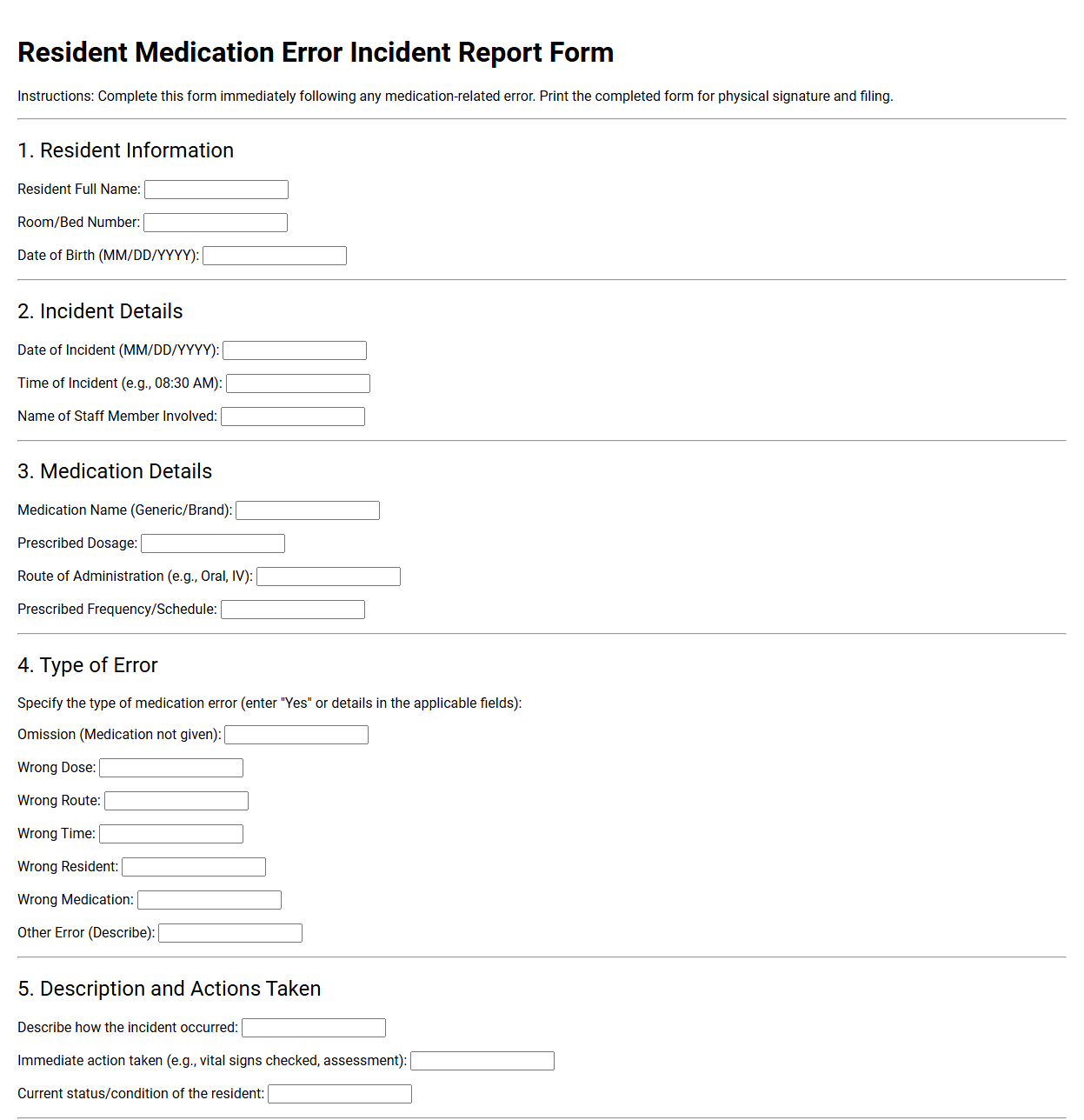 Resident Medication Error Incident Report Form