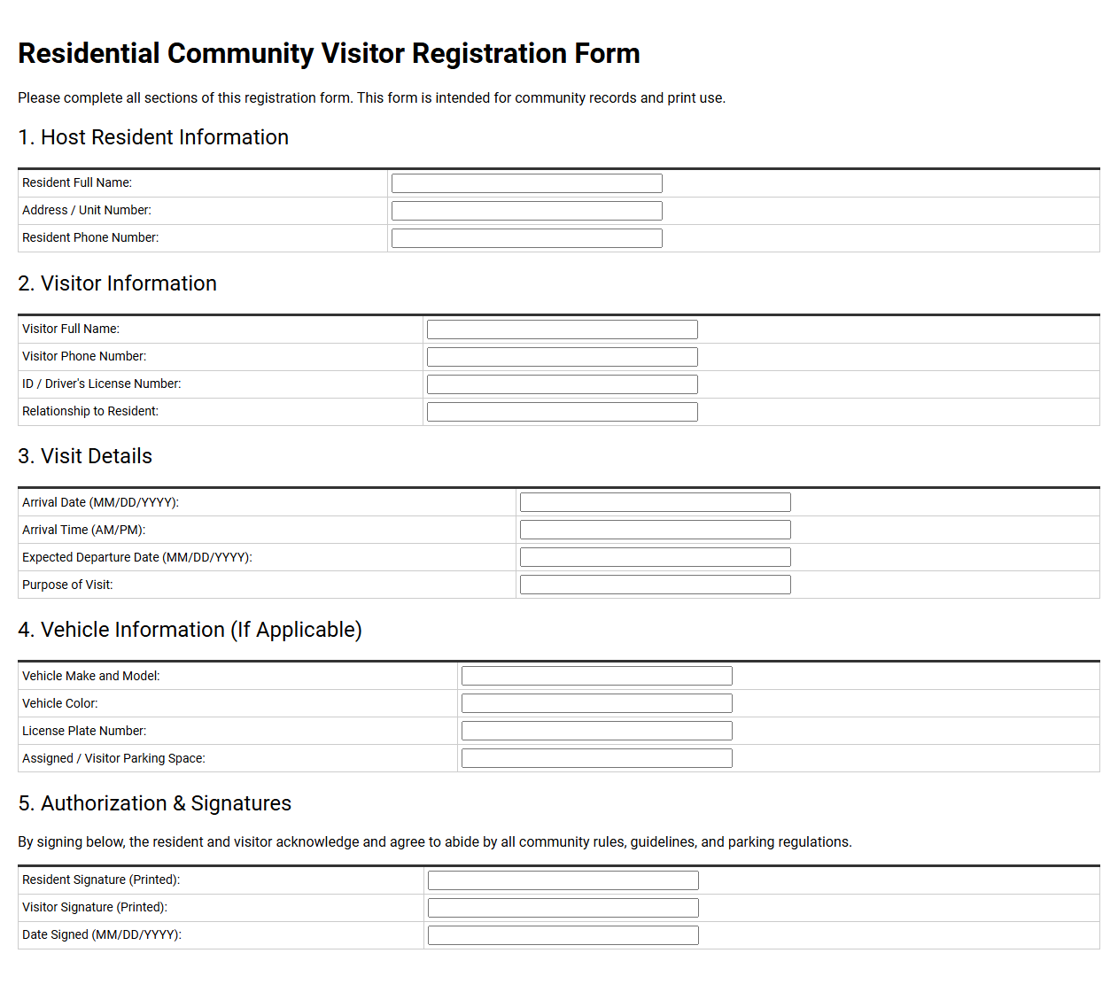 Residential Community Visitor Registration Form