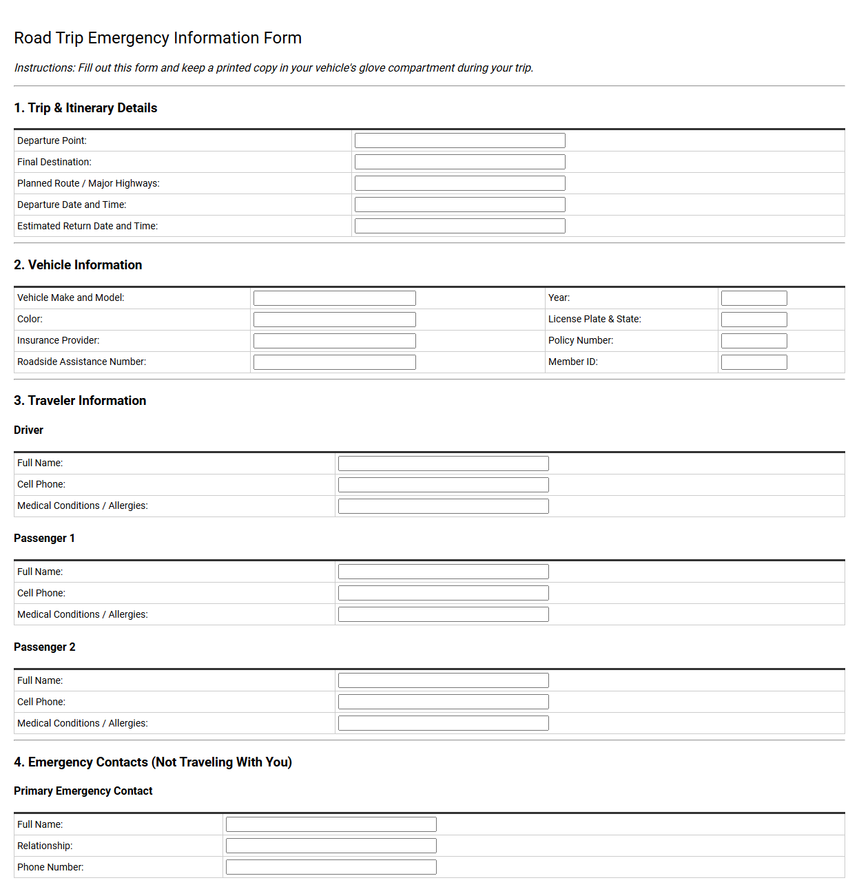 Road Trip Emergency Information Form