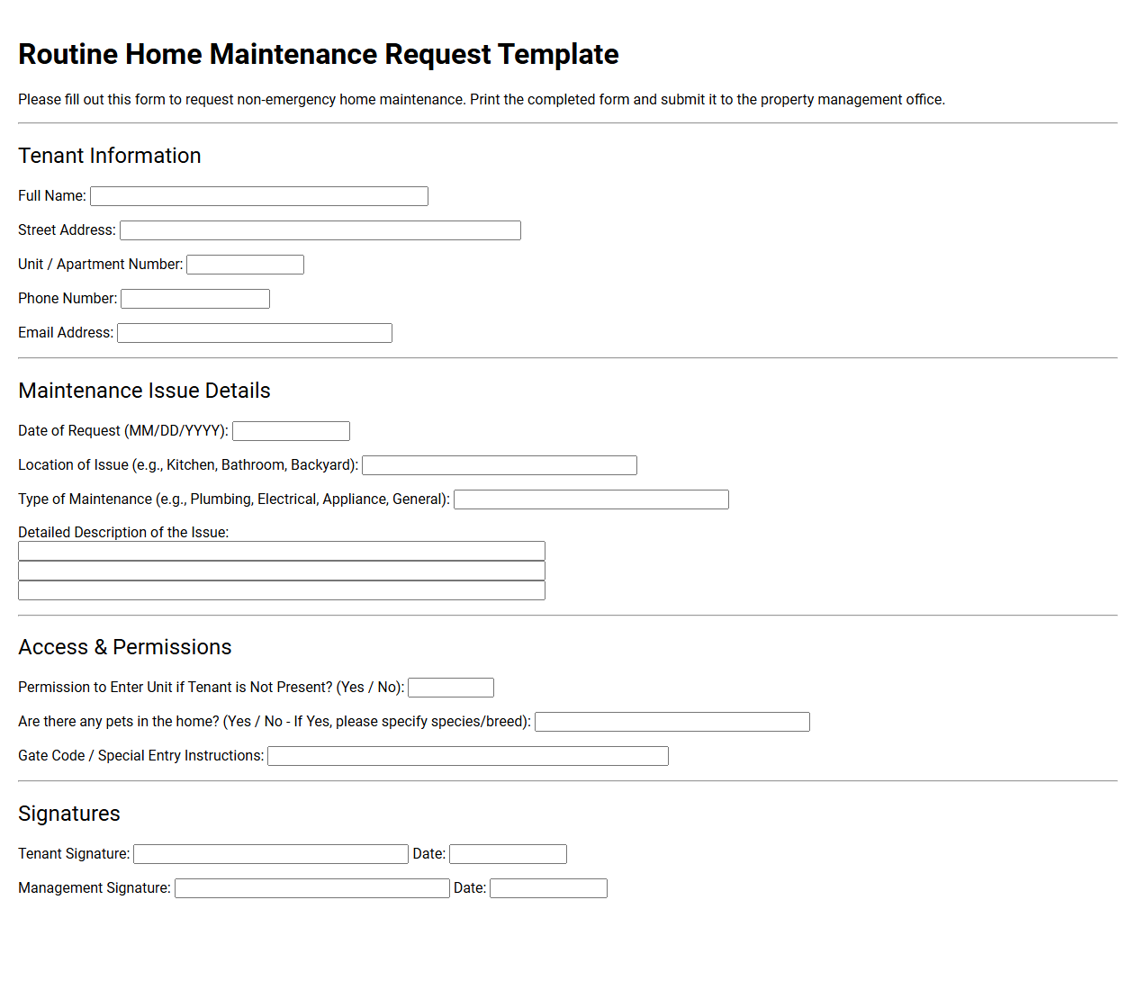 Routine Home Maintenance Request Template