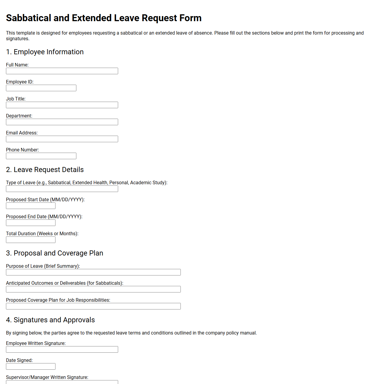 Sabbatical and Extended Leave Request Form Template