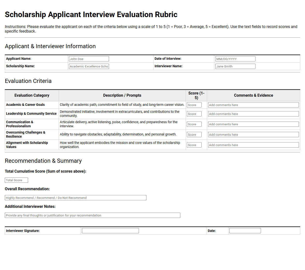 Scholarship Applicant Interview Evaluation Rubric