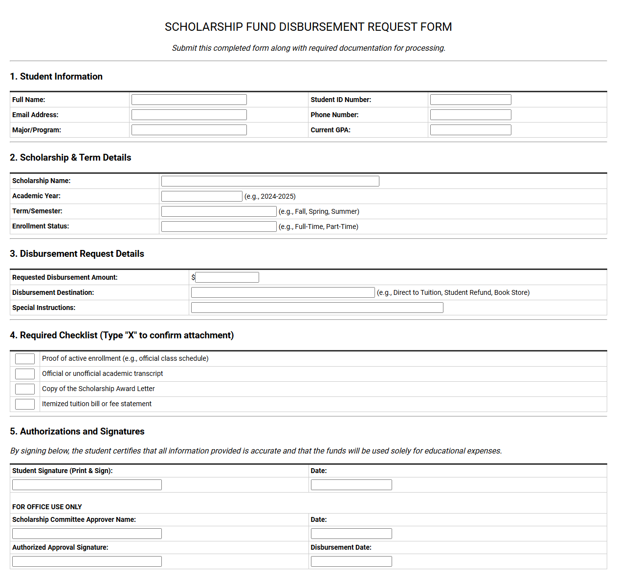 Scholarship Fund Disbursement Request Template